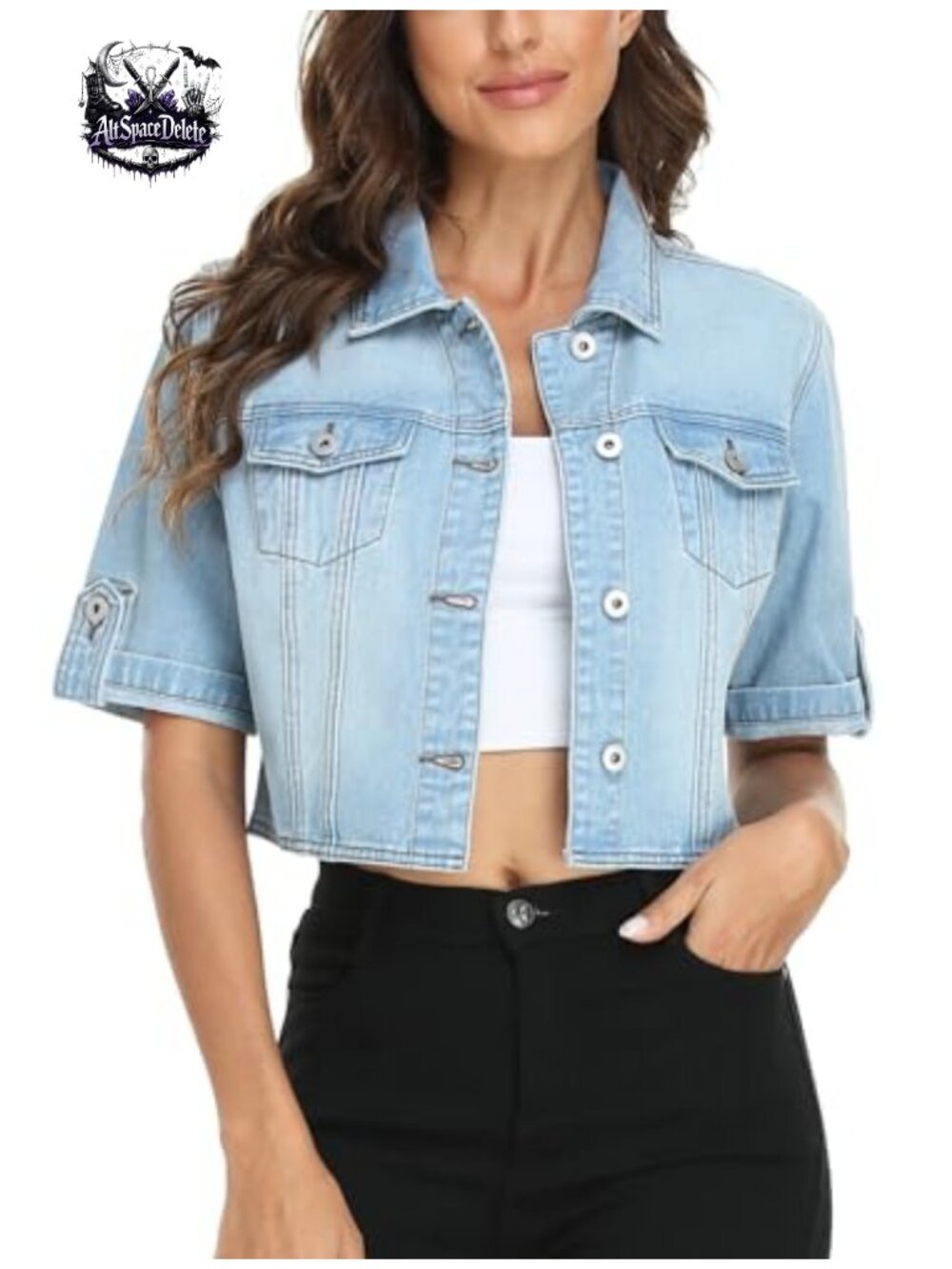 Cropped Denim Jacket Short Sleeve Button Down Summer Casual